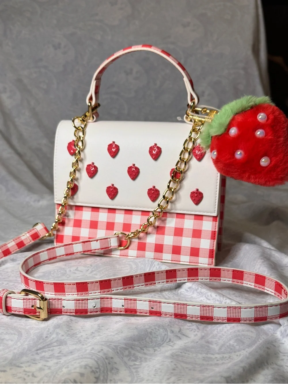 Betsey Johnson White/Red Gingham Strawberry -Handle w/ Removable Crossbody Strap